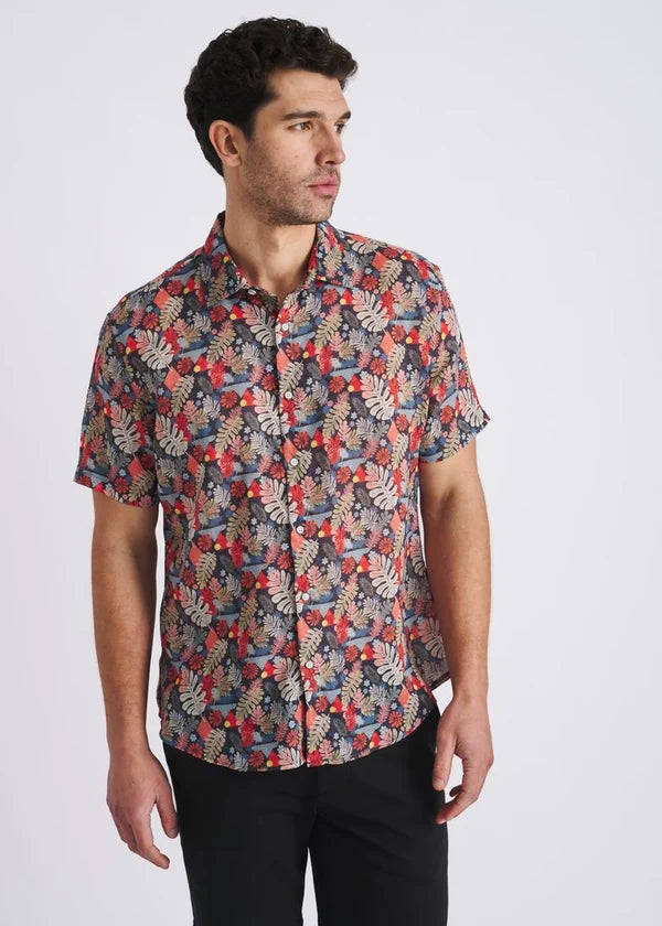 Printed Linen/Tencel Shirt (Navy/Sage)