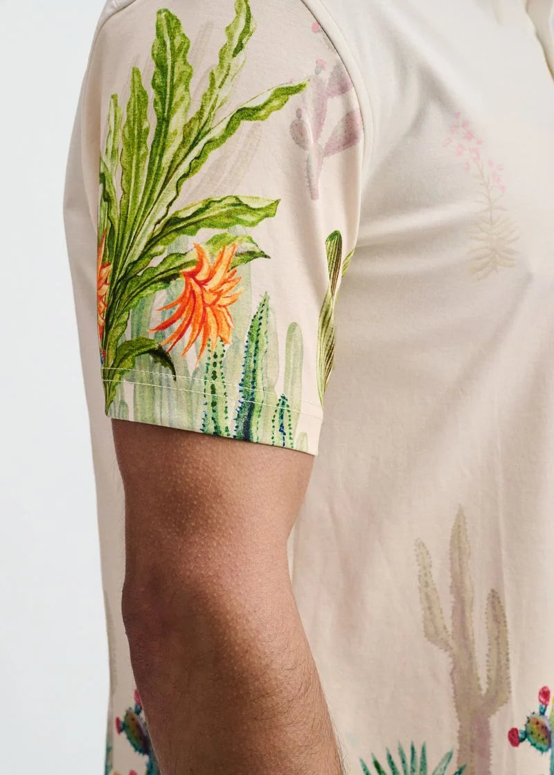 Print Cotton Knit Short Sleeved Shirt (Sorbet/Green Cactus)