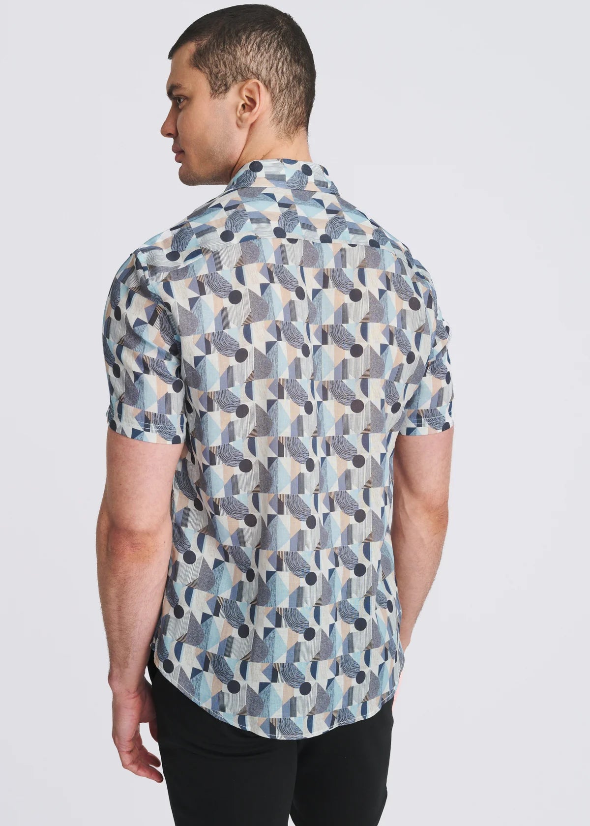 Printed Linen/Tencel Shirt (Blue/Navy Blocks)