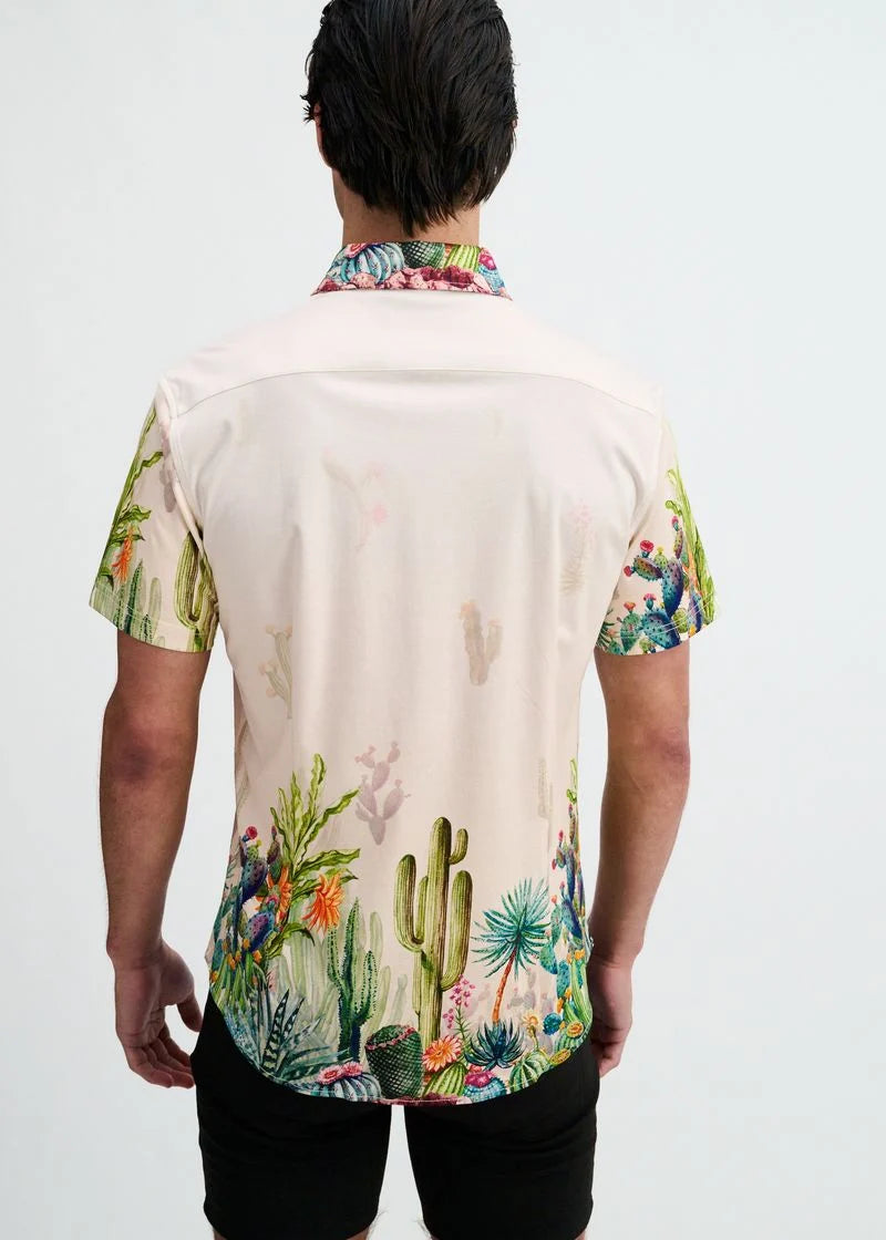 Print Cotton Knit Short Sleeved Shirt (Sorbet/Green Cactus)