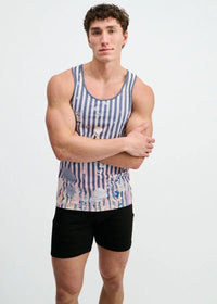 Printed Mesh Knit Tank (Slate/Blush Stripes)