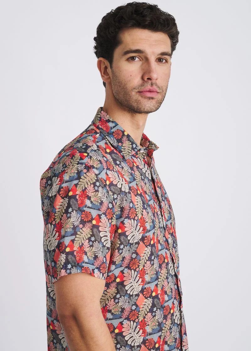 Printed Linen/Tencel Shirt (Navy/Sage)