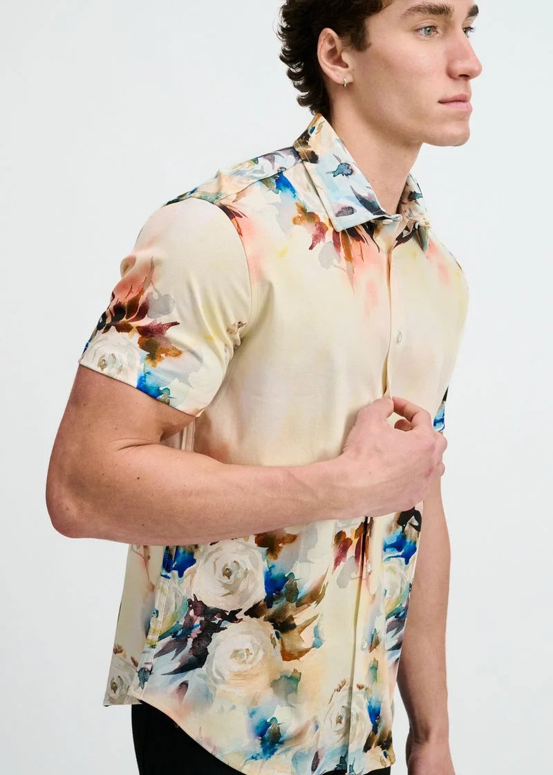 Print Cotton Knit Short Sleeved Shirt (Yolk/Blush)