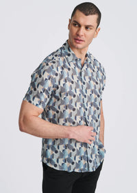 Printed Linen/Tencel Shirt (Blue/Navy Blocks)