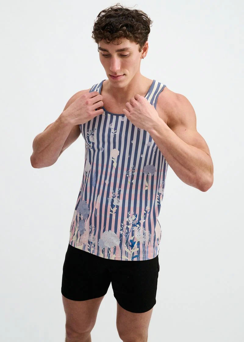 Printed Mesh Knit Tank (Slate/Blush Stripes)