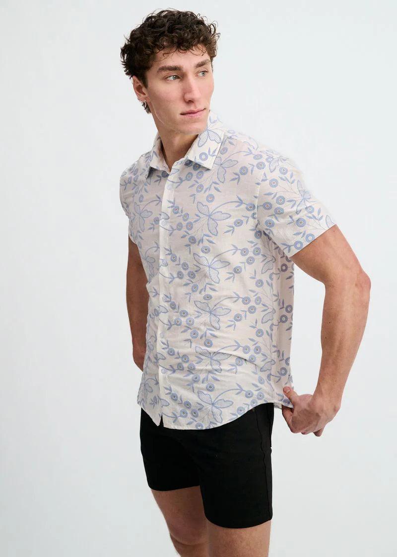 Printed Stretch Eyelet Shirt (Sky/White)