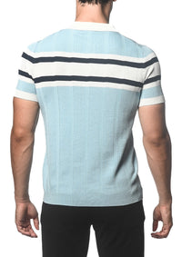 Silk/Tencel Stripes Knitted Polo (Blue Smoke)