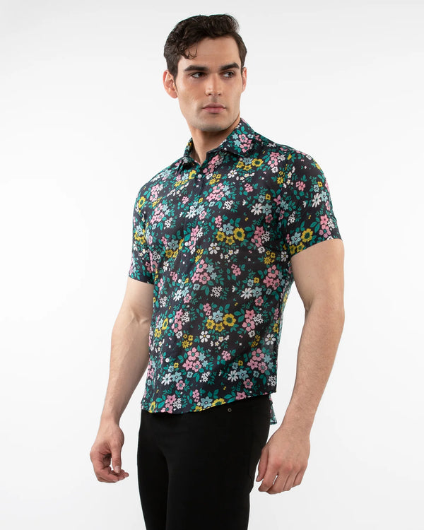 Cotton Silk Woven Shirt (Navy Teal Floral)