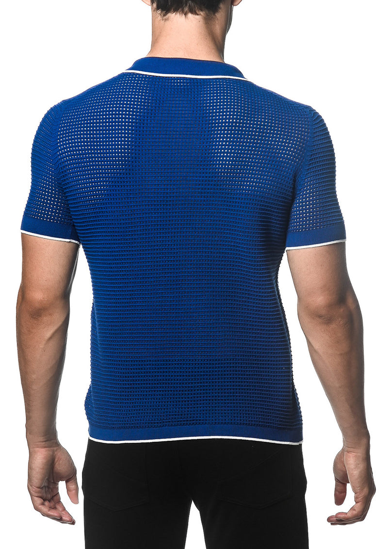 Textured Mesh Knit Johnny Collar Polo (Cobalt)