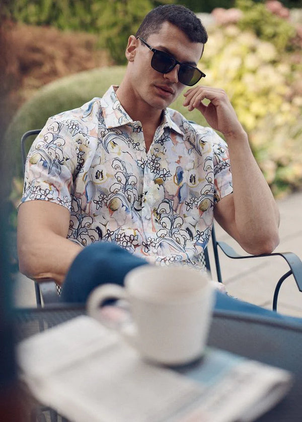 Printed Linen/Tencel Shirt (Orchid/Coral)