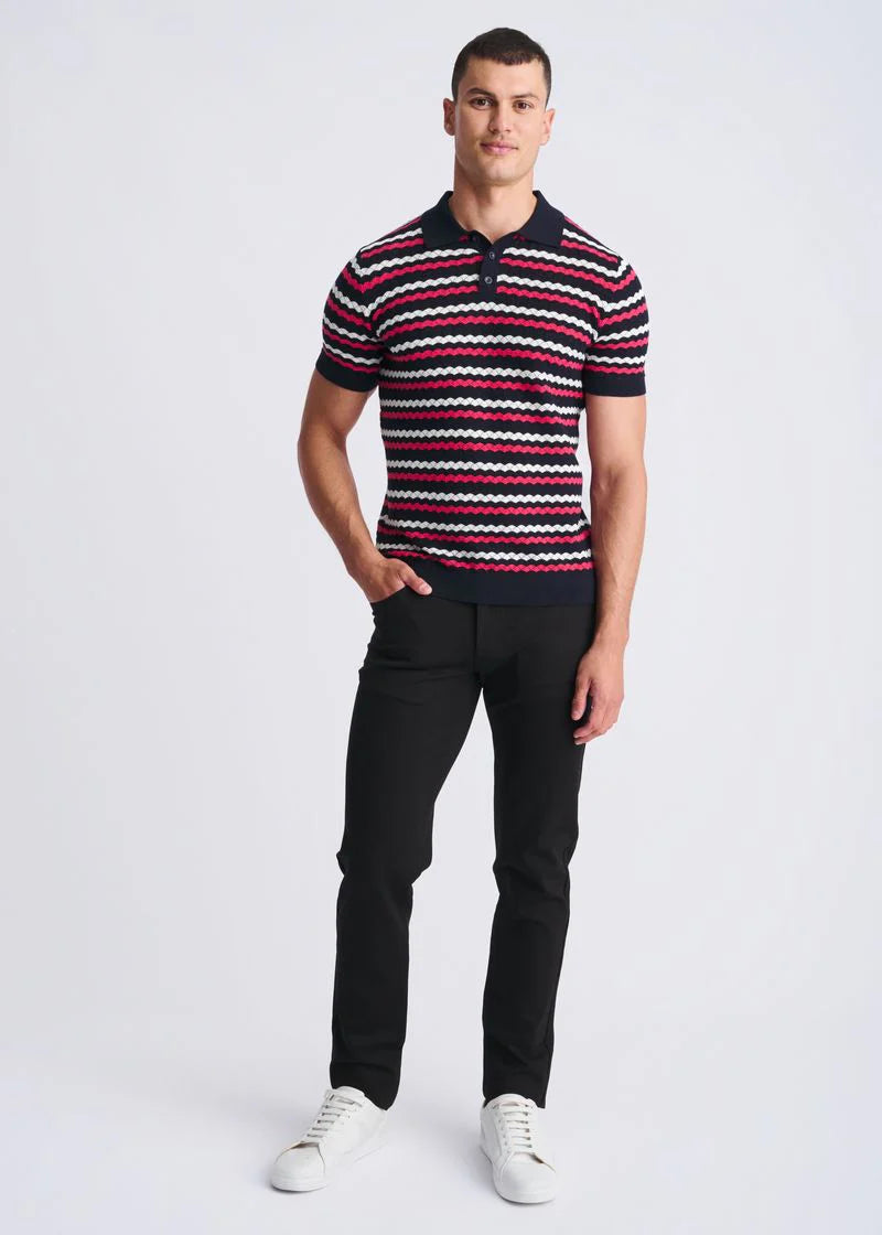 Textured 3-Button Knit Polo (Bubblegum/Navy)