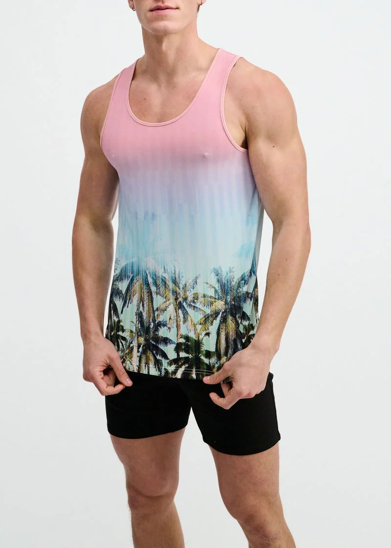 Printed Mesh Knit Tank (Blush/Aqua Palms)