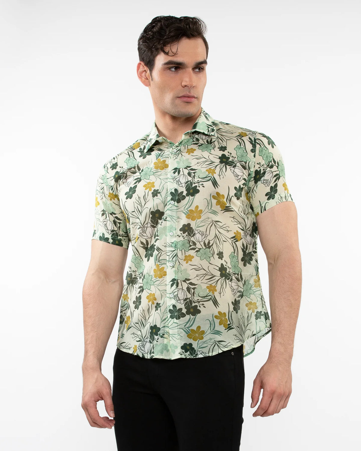 Cotton Silk Short Sleeved Shirt (Fern Ochre Floral)