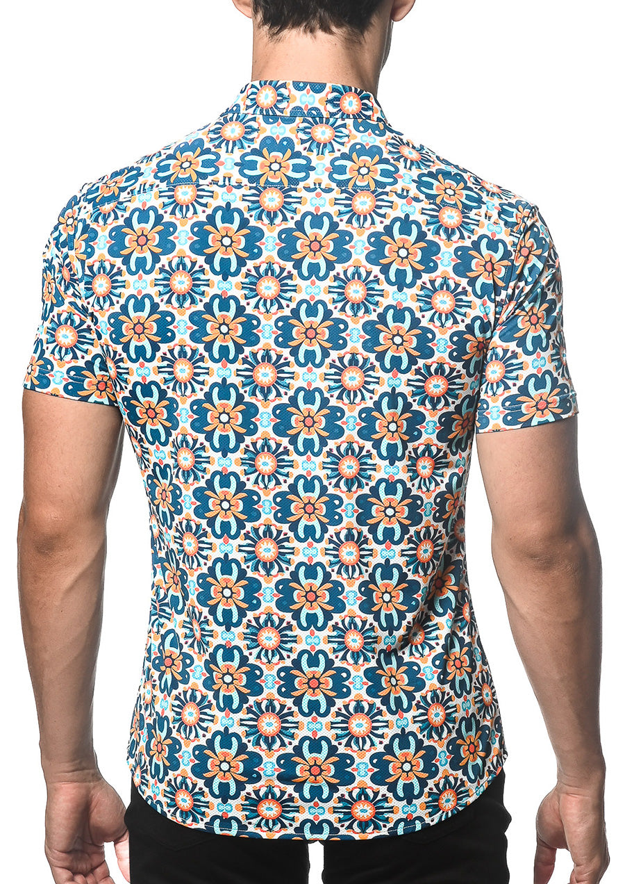 Printed Performance Stretch Shirt (Cobalt Floral Tiles)