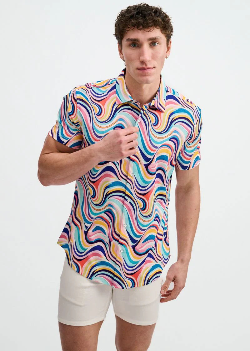 Print Cotton Knit Shirt (Teal Swirls)
