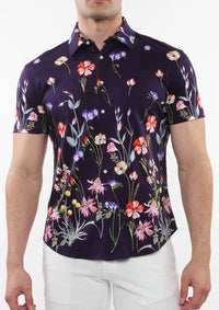 Printed Cotton Short Sleeve Shirt (Purple Blooms)