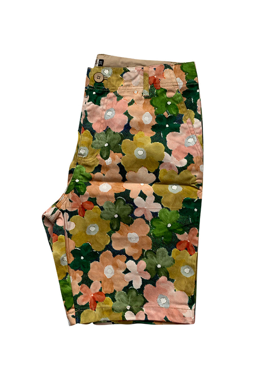 Green Floral Stretch Cotton Shorts