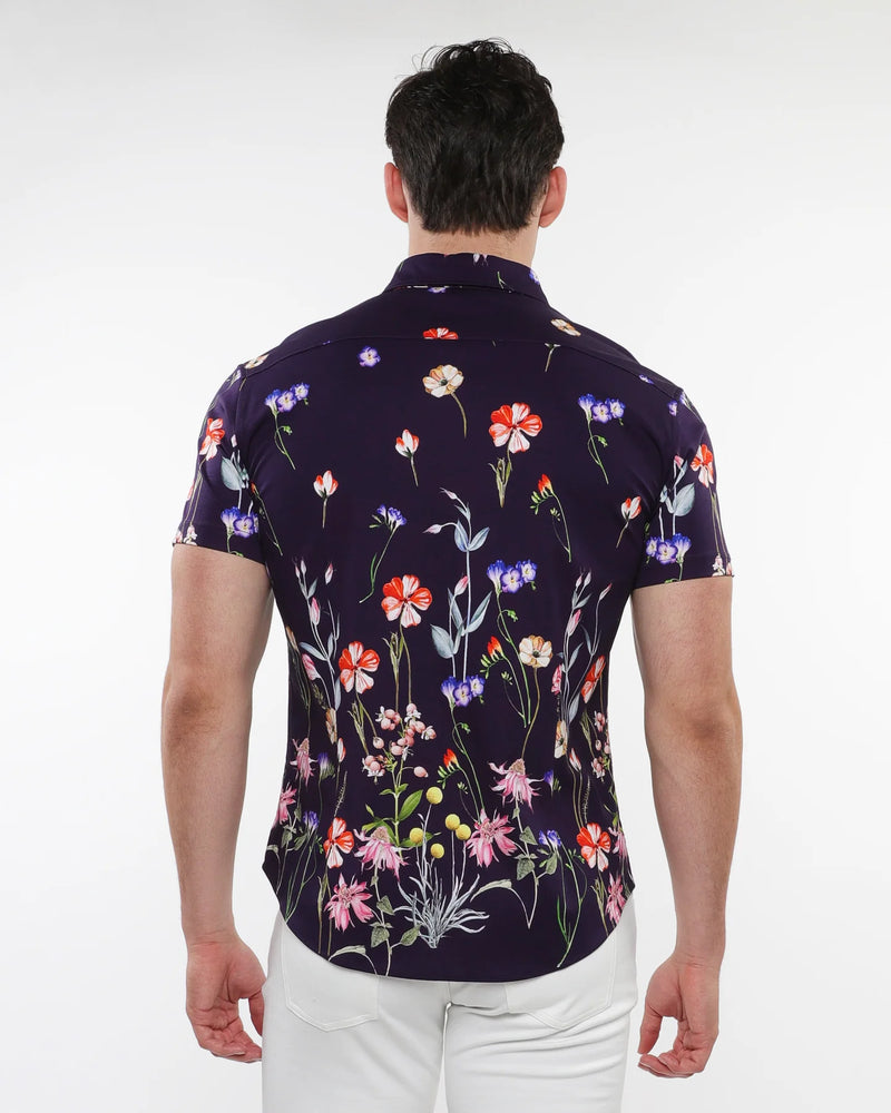 Printed Cotton Short Sleeve Shirt (Purple Blooms)
