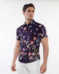 Printed Cotton Short Sleeve Shirt (Purple Blooms)