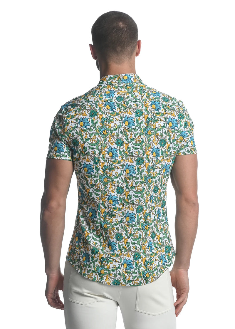 Printed Stretch Jersey Knit Shirt (Teal Forest Vines)