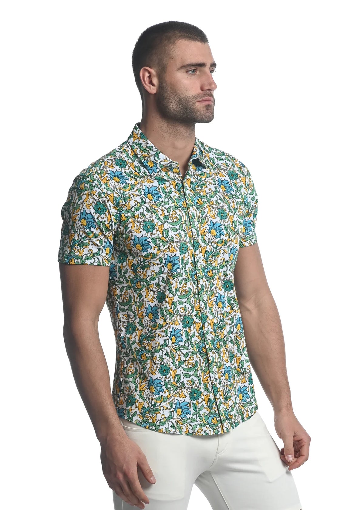 Printed Stretch Jersey Knit Shirt (Teal Forest Vines)