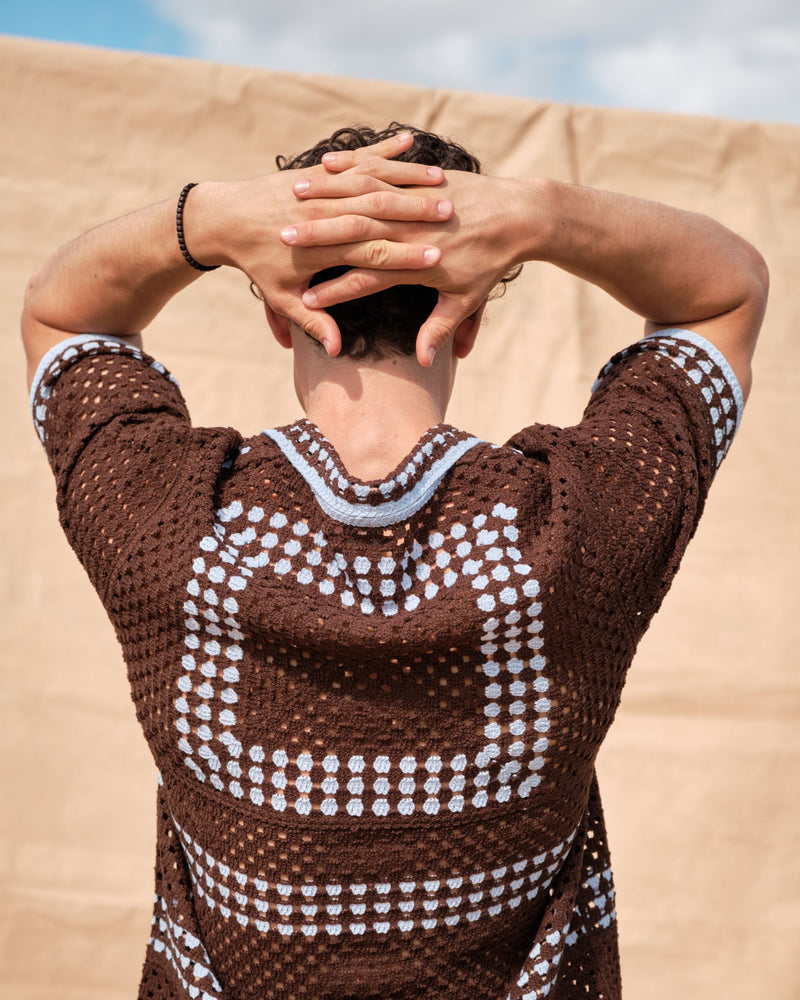 Knit Crochet Shirt (Brown/Baby Blue)