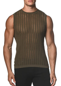 Vertical Stripe Textured Knit Vest (Army Sheer)