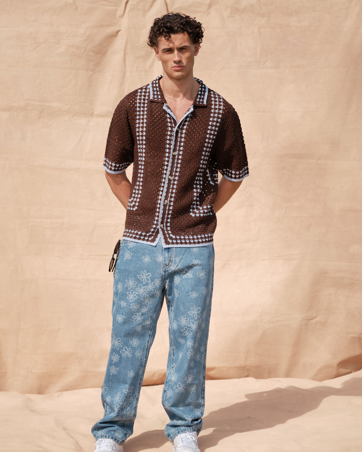 Knit Crochet Shirt (Brown/Baby Blue)