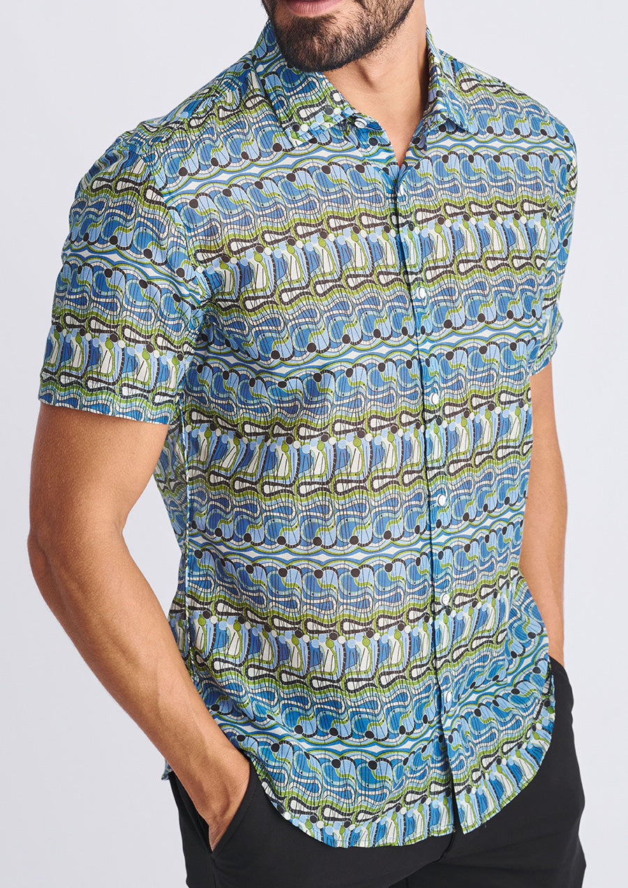 Cotton/Silk Short Sleeve Shirt (Cobalt/Olive Swirls)
