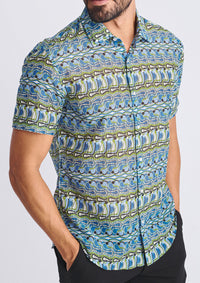 Cotton/Silk Short Sleeve Shirt (Cobalt/Olive Swirls)