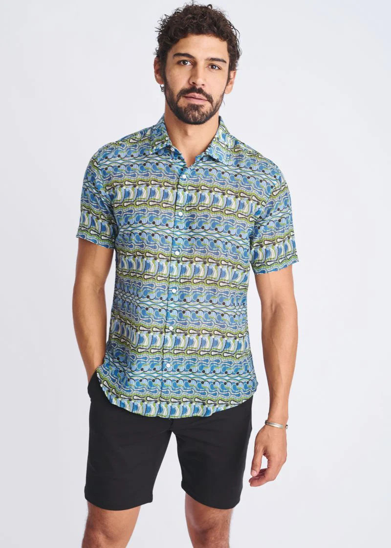 Cotton/Silk Short Sleeve Shirt (Cobalt/Olive Swirls)