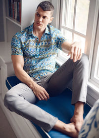 Cotton/Silk Short Sleeve Shirt (Cobalt/Olive Swirls)