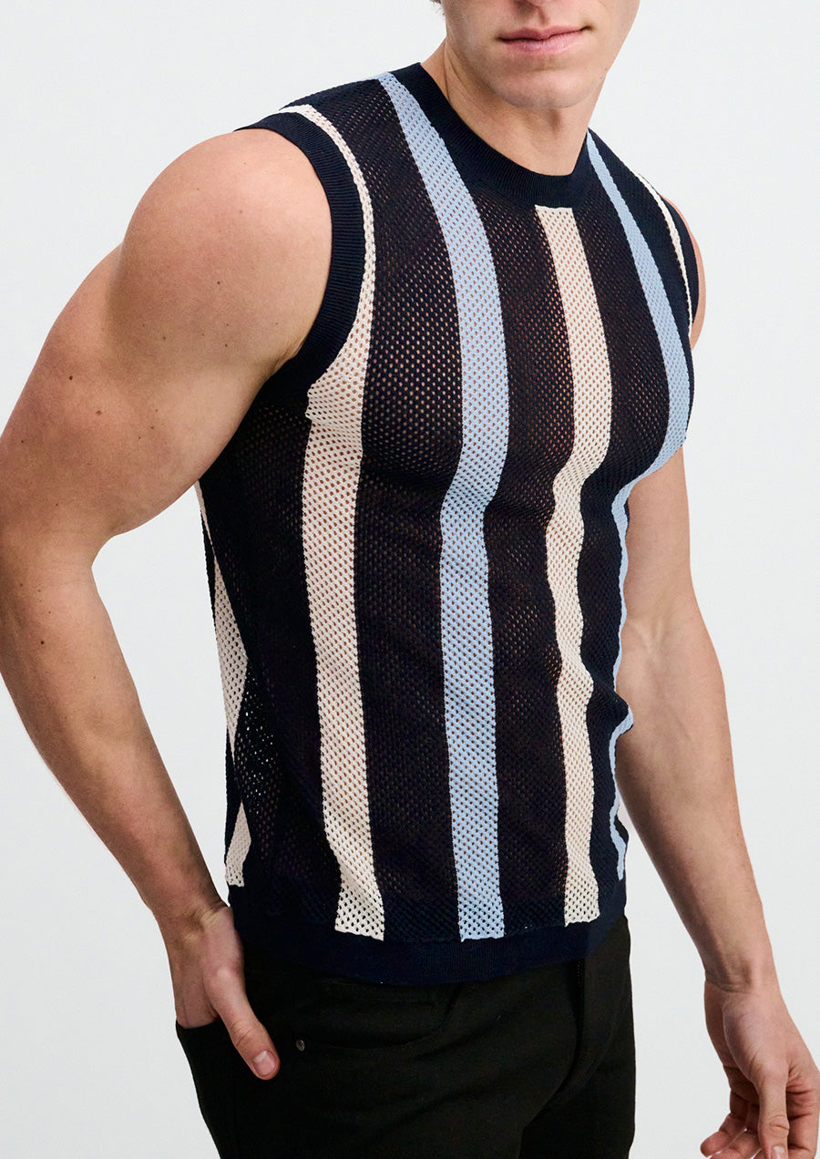 Textured Open Knit Vest (Navy Stripe)
