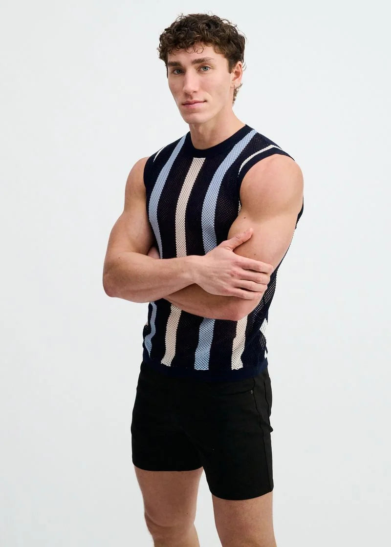 Textured Open Knit Vest (Navy Stripe)