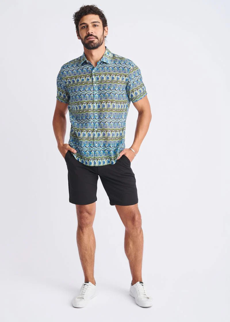 Cotton/Silk Short Sleeve Shirt (Cobalt/Olive Swirls)