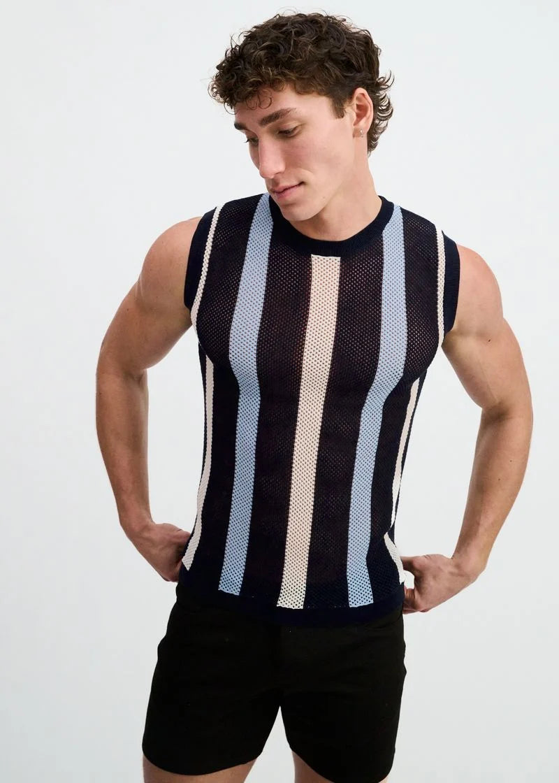 Textured Open Knit Vest (Navy Stripe)