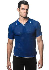 Textured Mesh Knit Johnny Collar Polo (Cobalt)