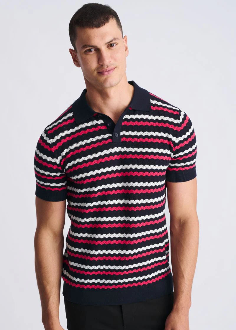 Textured 3-Button Knit Polo (Bubblegum/Navy)