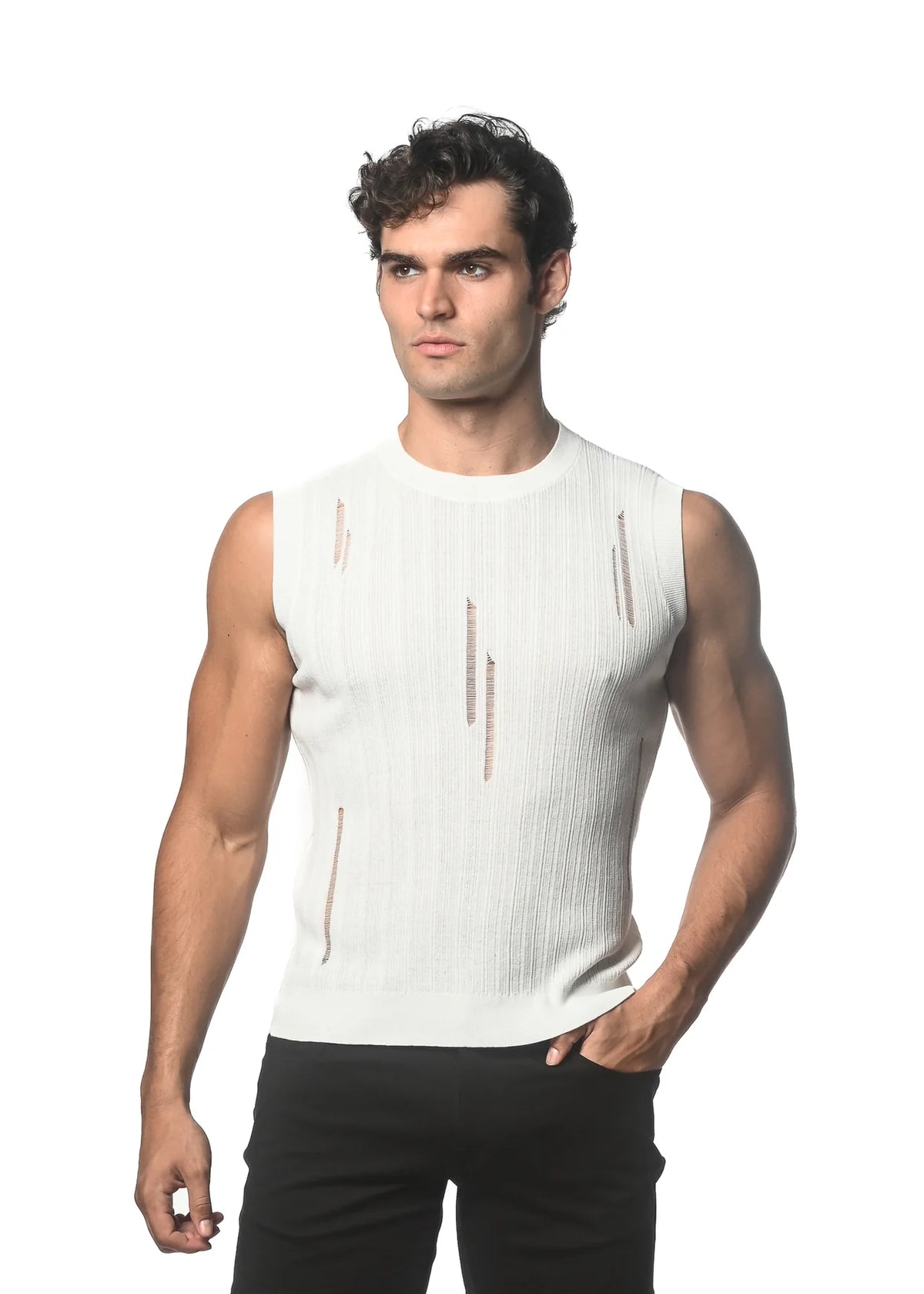 Distressed Textured Knit Tank (White)