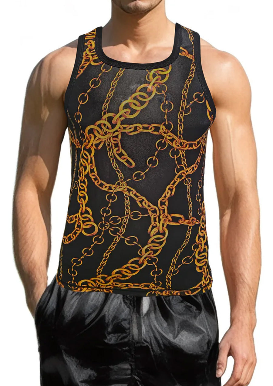 Printed Chain Fine Mesh Tank (Gold/Black)