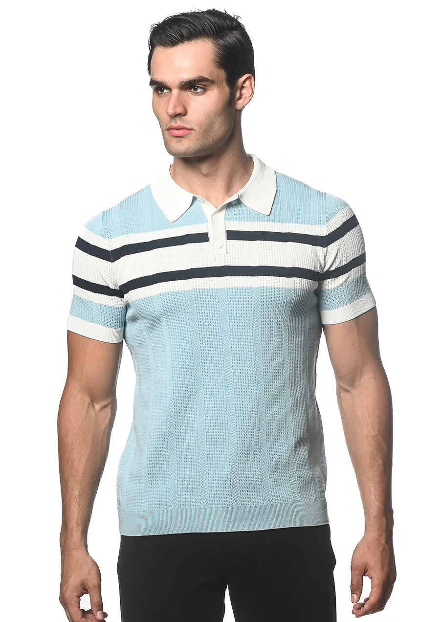 Silk/Tencel Stripes Knitted Polo (Blue Smoke)