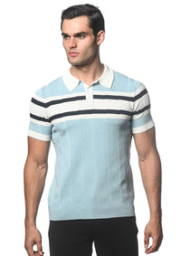 Silk/Tencel Stripes Knitted Polo (Blue Smoke)