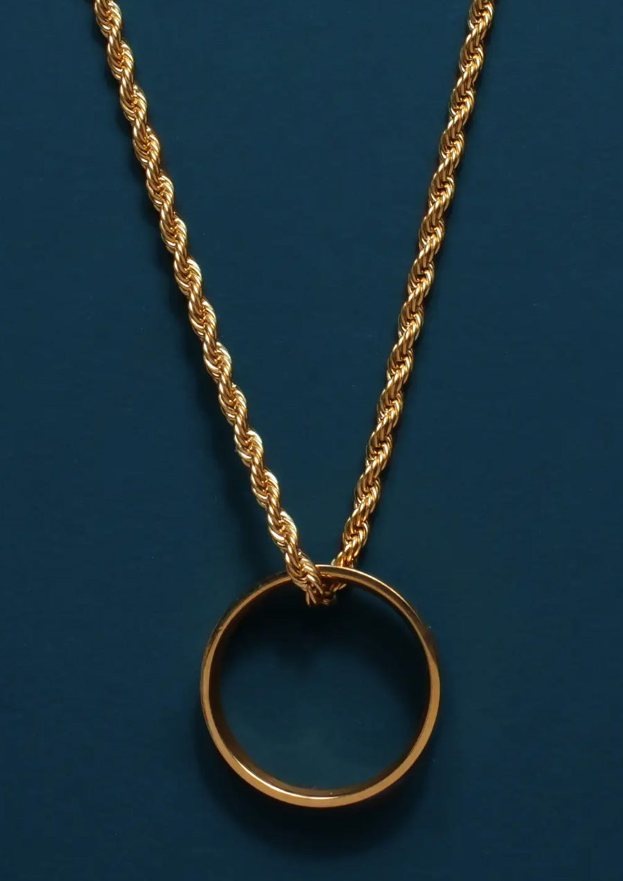 Gold Ring Necklace On Rope Style Chain