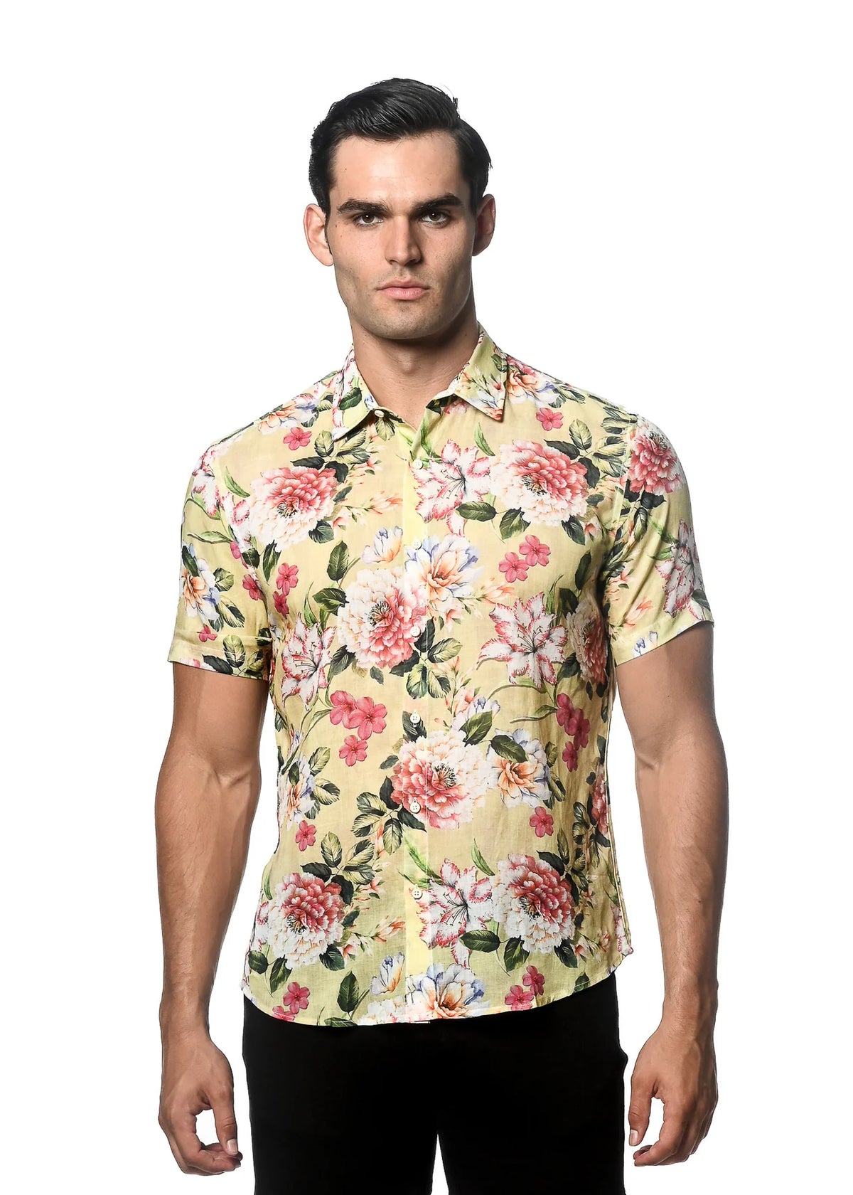Tencel/Linen Woven Shirt (Yellow Pink Blooms)