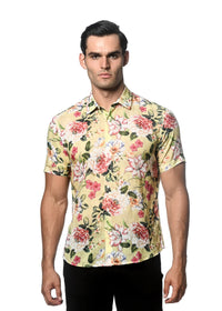 Tencel/Linen Woven Shirt (Yellow Pink Blooms)