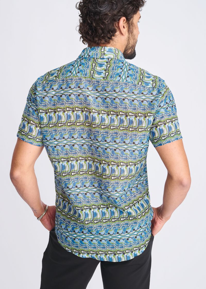 Cotton/Silk Short Sleeve Shirt (Cobalt/Olive Swirls)