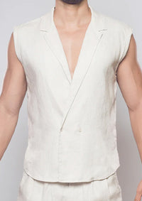 Breezy Linen Single Button Wrap Vest (Beige)