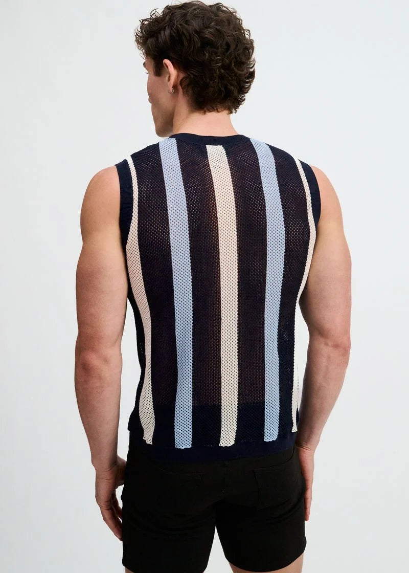 Textured Open Knit Vest (Navy Stripe)