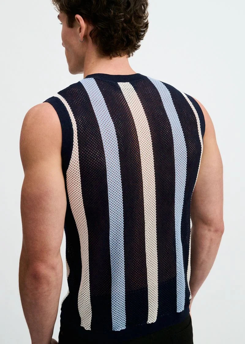Textured Open Knit Vest (Navy Stripe)