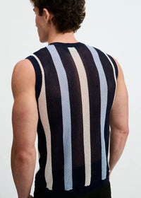 Textured Open Knit Vest (Navy Stripe)